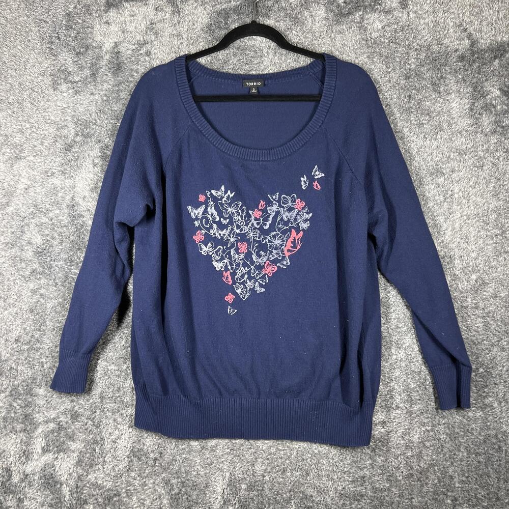 Torrid Sweatshirt Womens 2 Blue Scoop Neck Long Sleeve 100% Cotton Butterfly